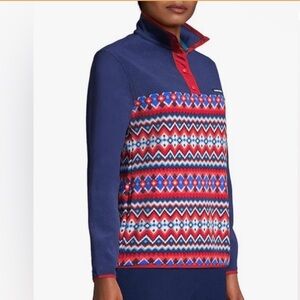 Lands' End Heritage Fleece Snap Neck Pullover Red Navy Chevron Fairisle - NIP